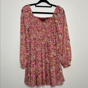 Pink Floral Long Sleeve Dress scrunch ruched fabric pleated skirt